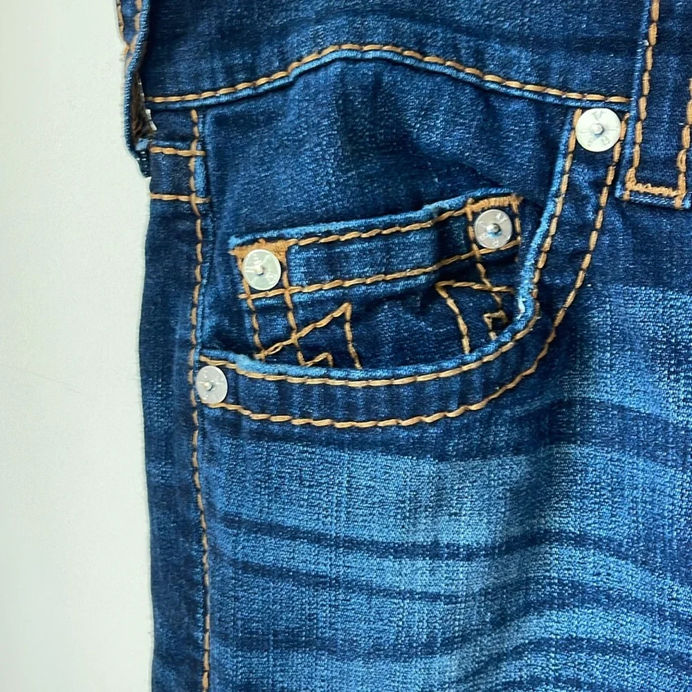 True Religion Ferd  Moto Skinny Jeans Red Orange Big T Dark Wash Size 32